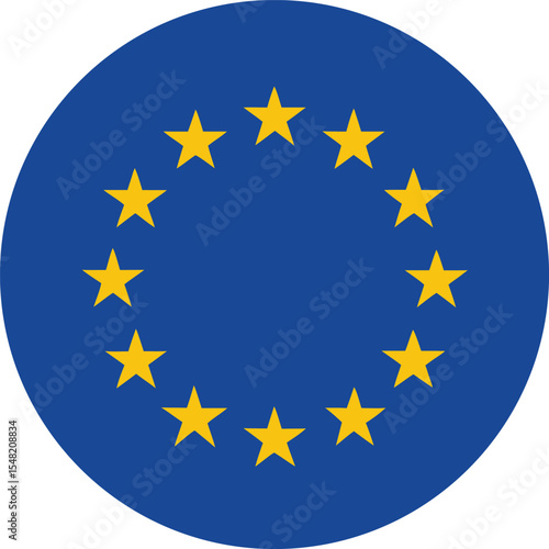 Flat vector illustration of European Union flag in circular format with twelve yellow stars on blue background, perfect for web, apps, and infographics