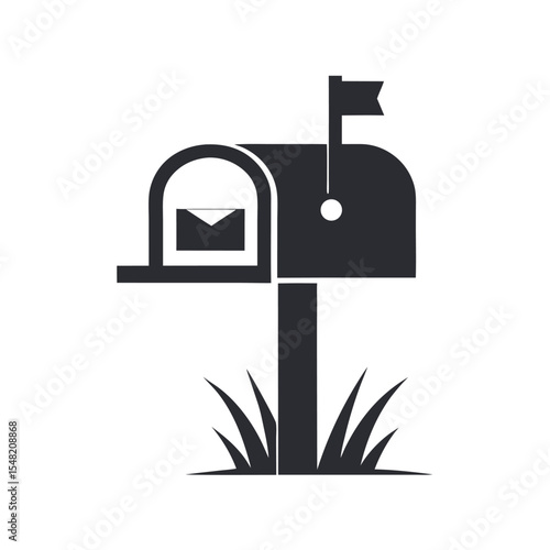 Simple Black Mailbox Icon with Envelope and Flag on White Background Grassy Base postbox