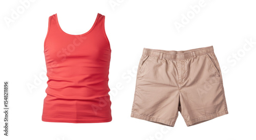 Red Tank Top and Beige Shorts Set.