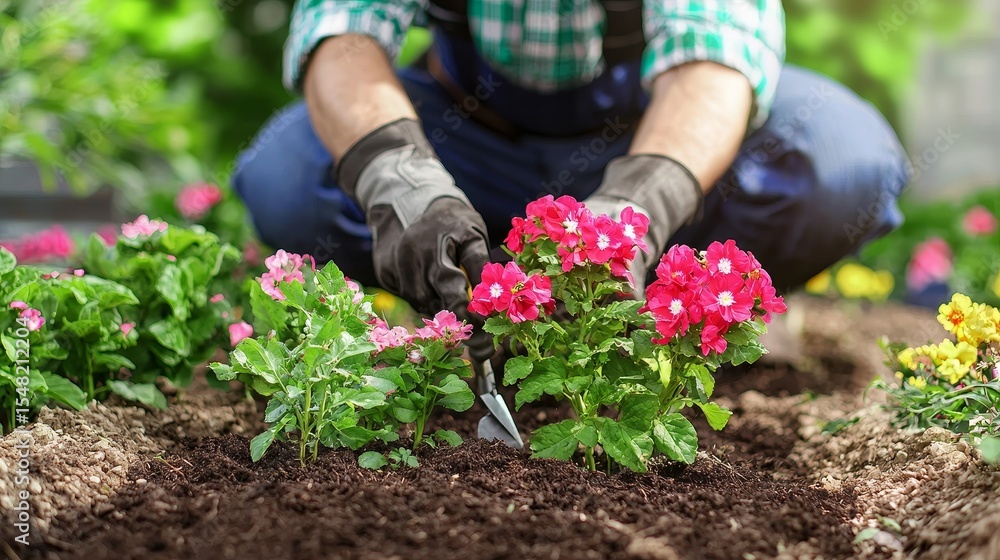 Fototapeta premium Planting Vibrant Pink Flowers in Garden Bed, Gardening, Spring Planting