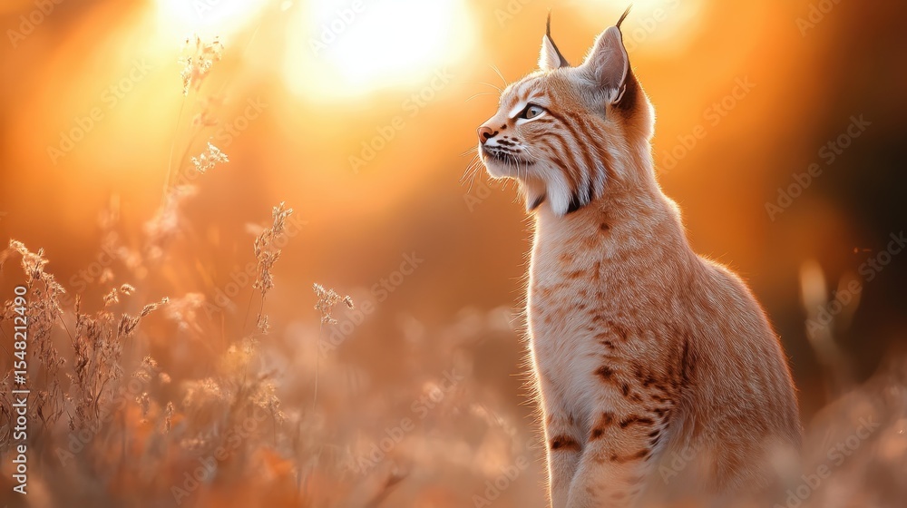 Obraz premium This stunning image captures a lynx in its natural habitat, silhouetted against a warm sunset glow, illustrating the beauty of wildlife and the tranquility of nature at dusk.