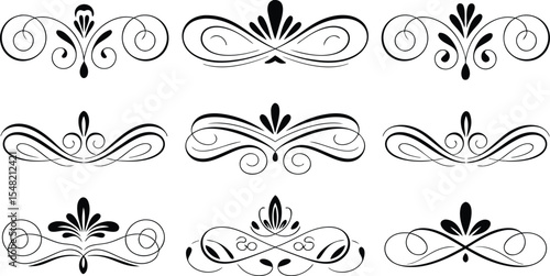 Nine Black Swirl and Floral Decorative Elements vector