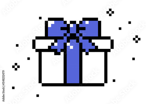 Pixelated gift box icon with a blue bow and ribbon on a white background. Pixel present box isolated vector illustration. Retro 8 bit surprise, bonus game abstract element for digital greeting design