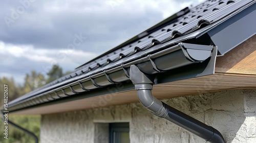 Sleek Black Gutter System on Modern Roof, Rainwater Drainage, Roofing Installation Roofing, Gutters