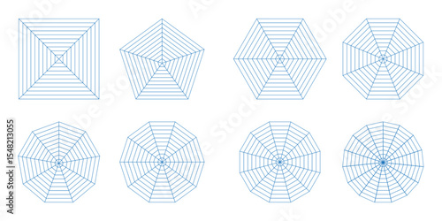 Blank spider radar Kiviat diagram with four, five, six, eight, nine, ten, twelve and fifteen segments. Sample of pentagon, hexagon, square,Octagon, Nonagon, and Decagon chart. Analysis template