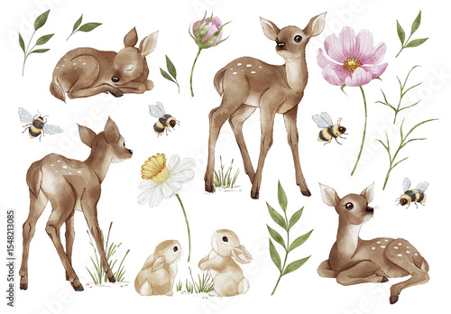 Watercolor Forest Animals Clipart Set with Baby Deer, Bunnies, Bees, Wildflowers. Hand Painted Woodland Elements in Natural Tones for Nursery Prints, Baby Shower Invitations and Kids Design Projects