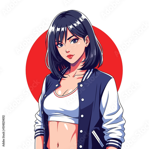 Adobe illustrator artwork vector illustration: A stylish anime-inspired woman with short dark hair and a varsity jacket poses confidently against a vibrant red circle