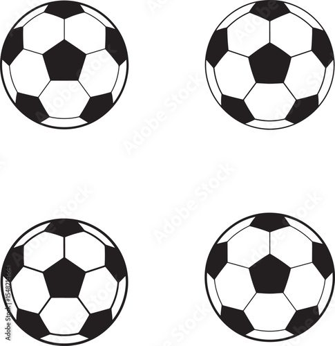Four Simple Black and White Soccer Balls Against a White Background