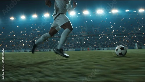 A skilled athlete approaches the ball on the pitch, preparing for a powerful kick as teammates and a vibrant crowd cheer from the stands at nighttime in a stadium