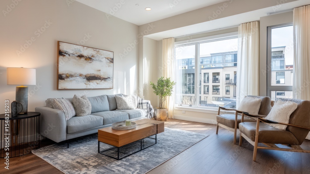 Naklejka premium Bright And Cozy Living Room With Natural Light Zoom Background