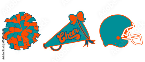 Cheerleading elements vector. Cheerleader Pom-poms, Megaphone and an American football Helmet.