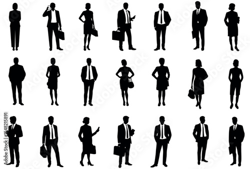 Business People Silhouettes in Various Poses, black vector silhouettes of business professionals, both men and women, in different poses.business, professional, people, silhouettes, men, women, busine