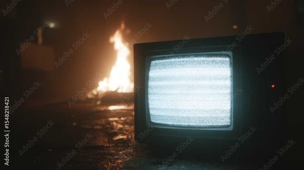 Obraz premium Static on retro tv in dark room with bonfire in background