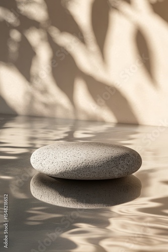 Minimalist zen stone with silhouette reflection in serene setting