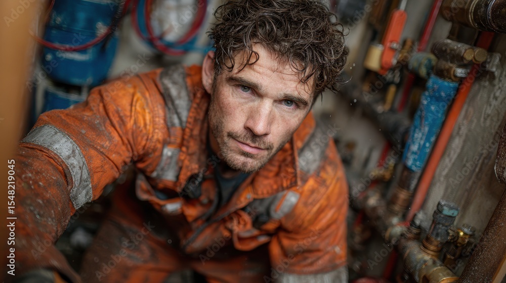 Man in orange jumpsuit adjusting valves of plumbing system in a utility room, performing maintenance, ensuring efficient water flow in daytime Man in orange jumpsuit adjusting valves of plumbing system in a utility room, performing maintenance, ensuring efficient water flow in daytime