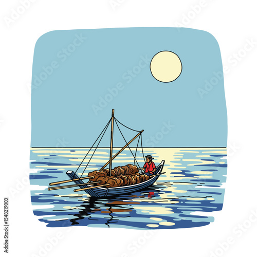 Boat loaded with brown goods manned by a person in red shirt.