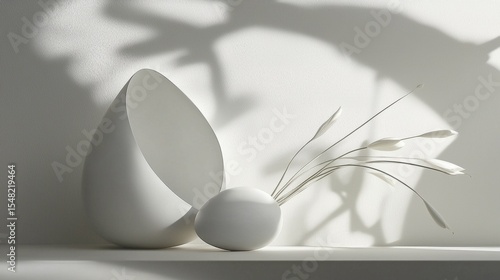 White sculptural vases with flowers and shadows on light wall in minimal contemporary decor setup