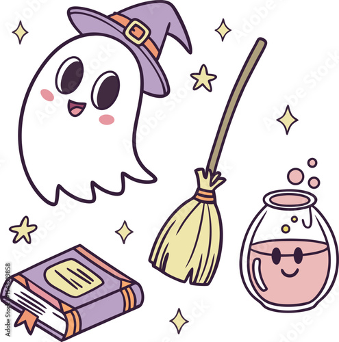 cute ghost witch hat broom magic book and potion