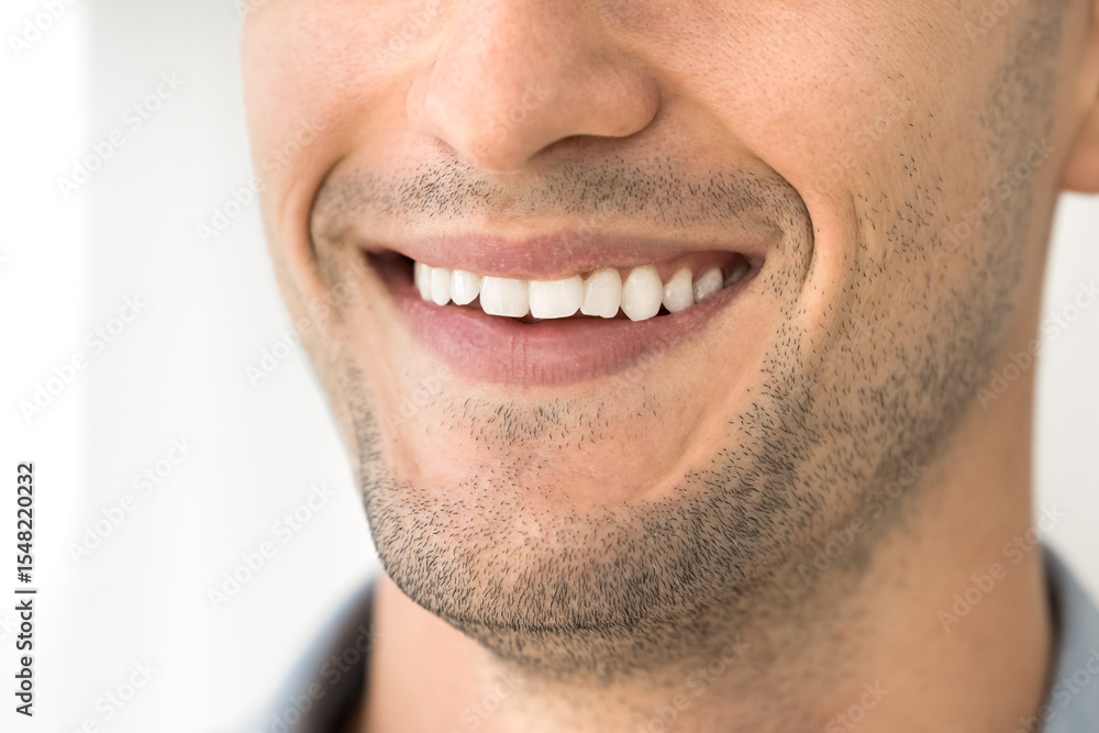 Close up cropped shot lower part handsome young man face with stubbled chin healthy toothy bright white happy smile. Dentistry service stomatology orthodontics teeth whitening skin health care concept Close up cropped shot lower part handsome young man face with stubbled chin healthy toothy bright white happy smile. Dentistry service stomatology orthodontics teeth whitening skin health care concept