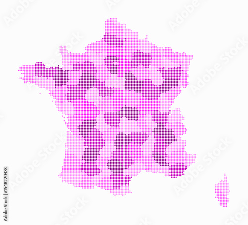 France dotted map. Digital style map of the country on white background. France shape with circle dots. Colored dots style. Small size circles. Creative vector illustration.