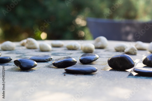 Photography zen stones on wooden background