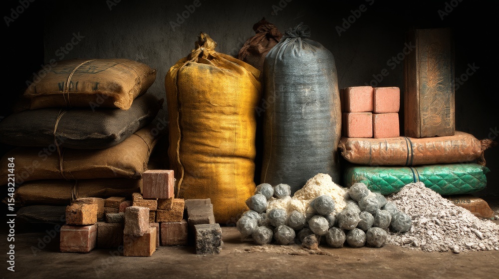Fototapeta premium Assorted market goods and bags on wooden shelf representing rustic village lifestyle and local trade concept