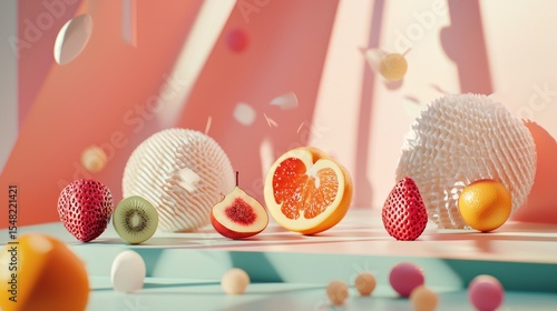 Fruits with geometric shapes on colorful background blending modern abstraction with natural food elements