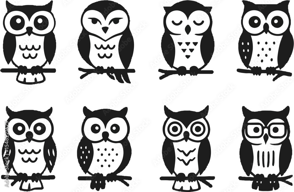 Cute Cartoon Owl Set Sitting on a Branch in Vector Illustration Style Cute Cartoon Owl Set Sitting on a Branch in Vector Illustration Style
