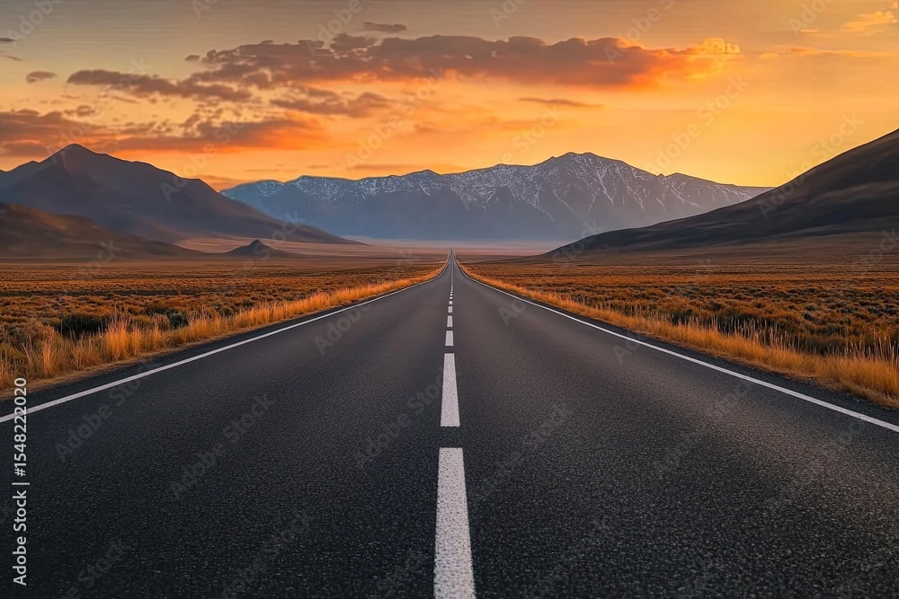 Naklejka premium Open road stretching into a mountain sunset