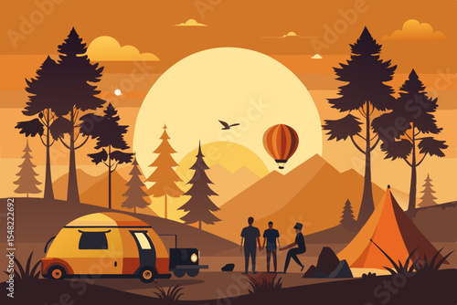 Happy campers enjoying a scenic sunrise camping trip
