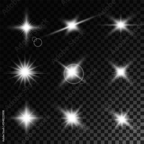 Lens Flare, light glow effect. sun or realistic shining star with backlight effect. bokeh glitter and sparkles or sparkles on transparent background.