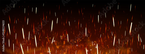 Realistic fire sparks and glowing embers on dark background with smoke and flame texture. Hot orange light and burning particles create magical heat effect. Fireplace, grill or power theme