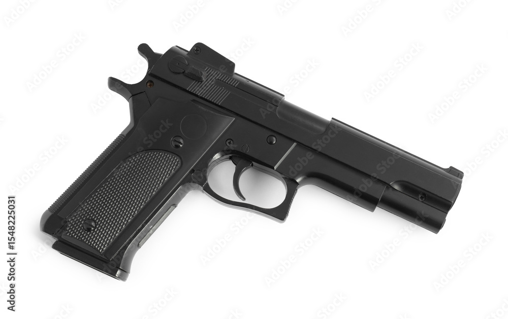 Black gun on white background, top view. Police equipment Black gun on white background, top view. Police equipment