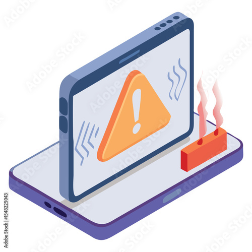 Mobile device overheating warning sign isometric illustration of damaged smartphone danger concept