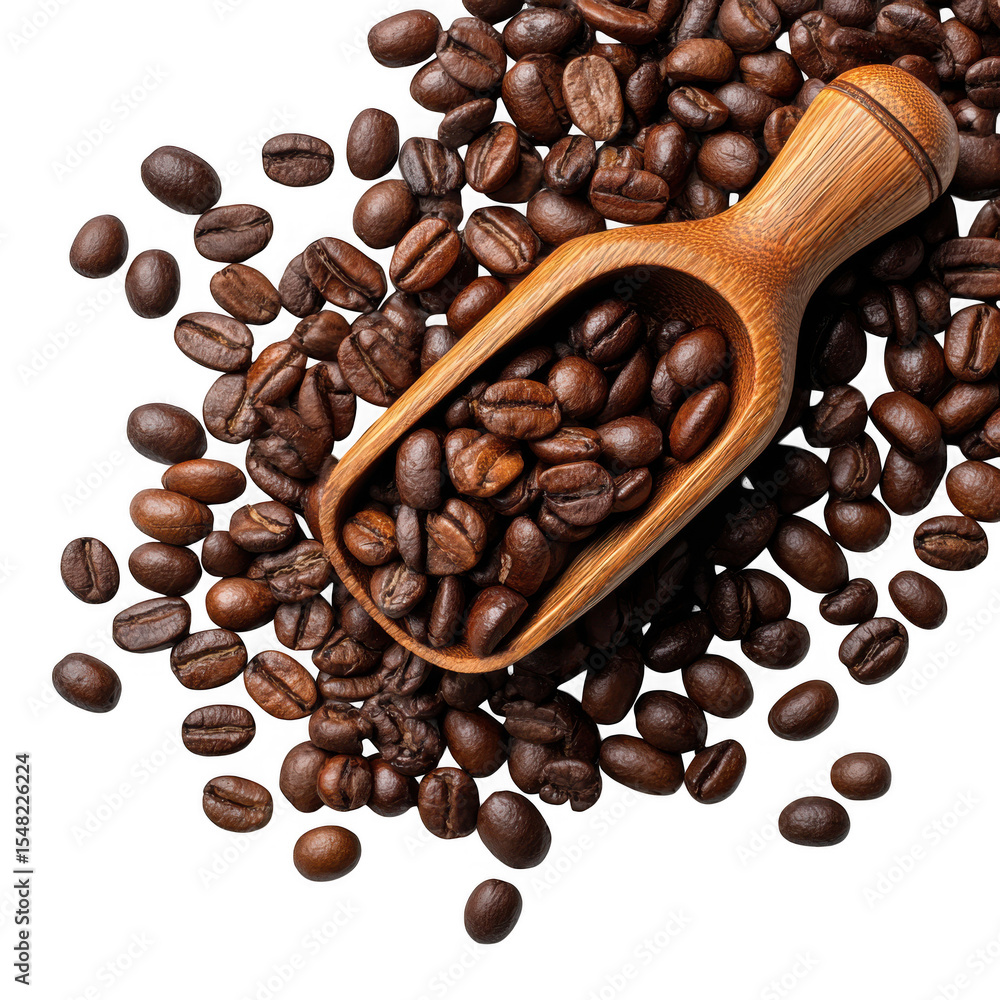 Fototapeta premium Roasted coffee beans in wooden scoop isolated on transparent background
