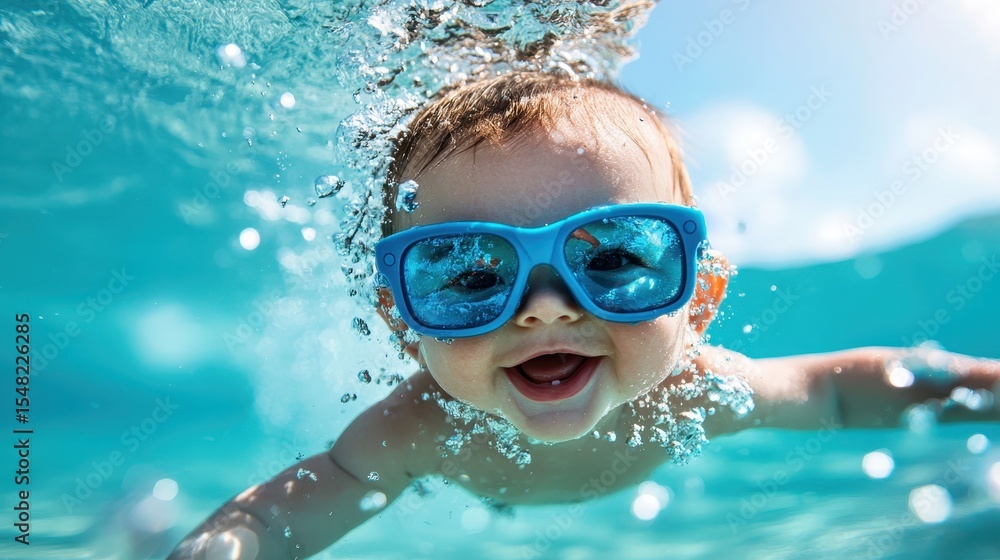 Naklejka premium A cheerful baby swims effortlessly underwater, wearing blue sunglasses, showcasing delightful joy and the freedom of childhood in a refreshing pool setting.
