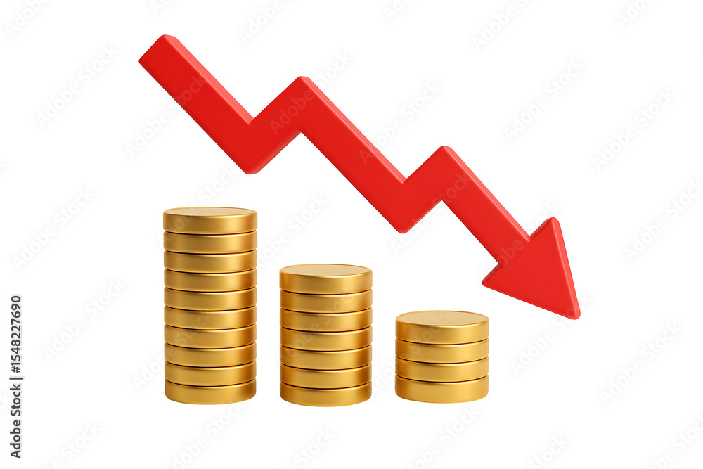 3D illustration of red downward arrow with decreasing gold coin stacks isolated on transparent background 3D illustration of red downward arrow with decreasing gold coin stacks isolated on transparent background