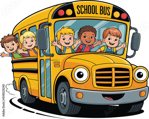 Cartoon illustration of happy children riding a yellow school bus on their way to school