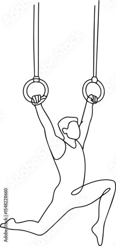  continuous line drawing of a gymnast performing on hanging rings in a dynamic strength pose on white background

