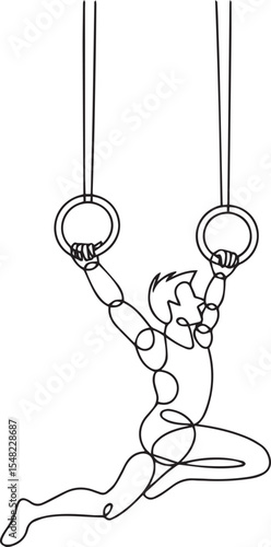  continuous line drawing of a gymnast performing on hanging rings in a dynamic strength pose on white background


