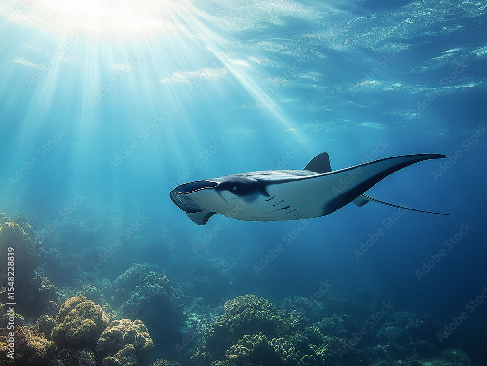 Fototapeta premium Graceful Manta Ray Swimming Over Colorful Reef