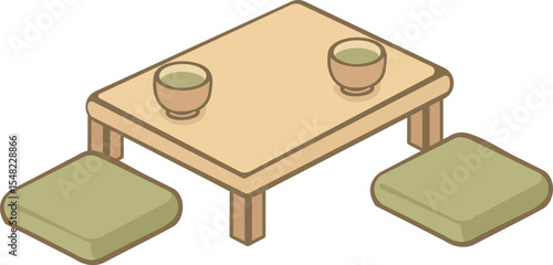 A simple isometric illustration of a traditional Japanese tea setup with two green tea cups on a low wooden table and two floor cushions.