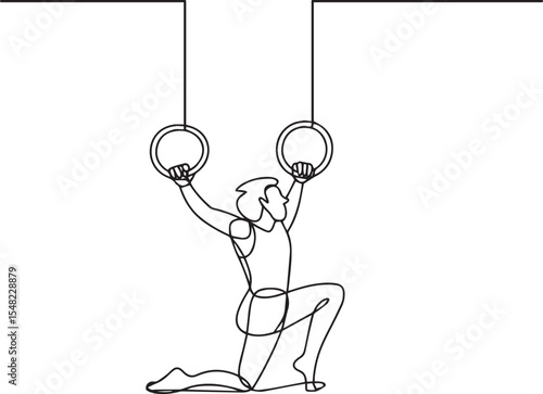  continuous line drawing of a gymnast performing on hanging rings in a dynamic strength pose on white background

