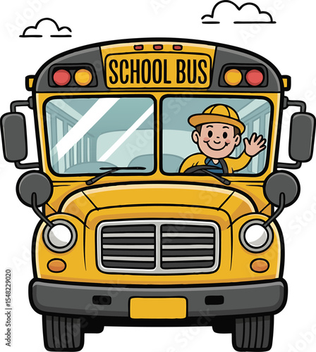 Cheerful cartoon school bus with a smiling driver ready to transport children to school
