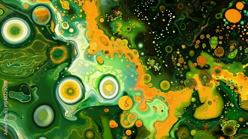 Vibrant abstract fluid art with dynamic green and yellow swirls and bubbles animation