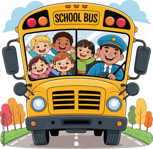 Cheerful school bus cartoon depicting happy children and driver on the road