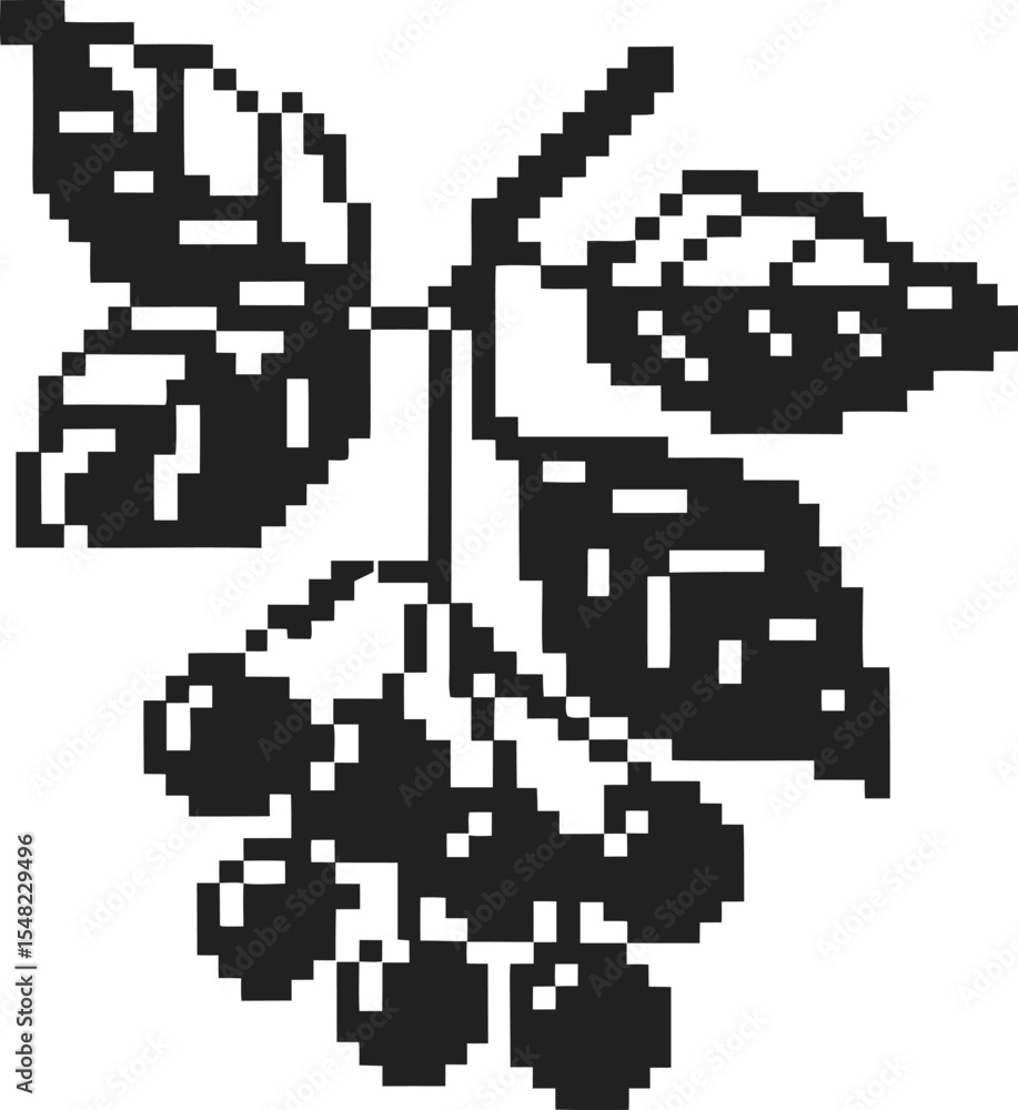 Fototapeta premium Black and white pixel art illustration of a berry branch with leaves and berries, vintage retro design isolated on white background