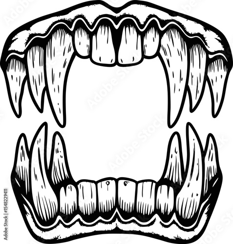 Open animal mouth illustration with prominent sharp fangs, aggressive predator jaws with detailed teeth and gums, black outline