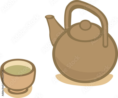 This is an isometric illustration of a brown teapot and a teacup filled with green tea, styled in warm, soft tones.