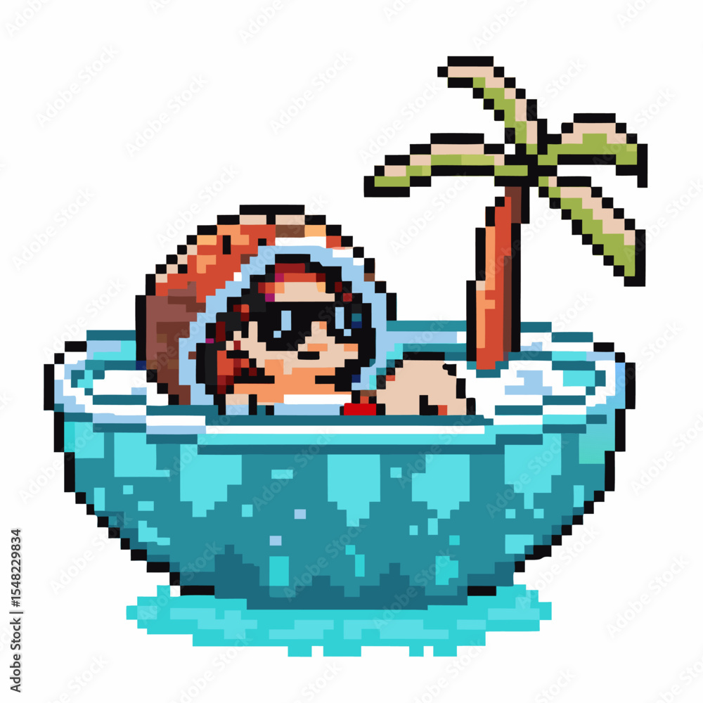 Obraz premium Retro pixel art character relaxing in coconut pool with palm tree summer vacation, tropical holiday, pixel game design
